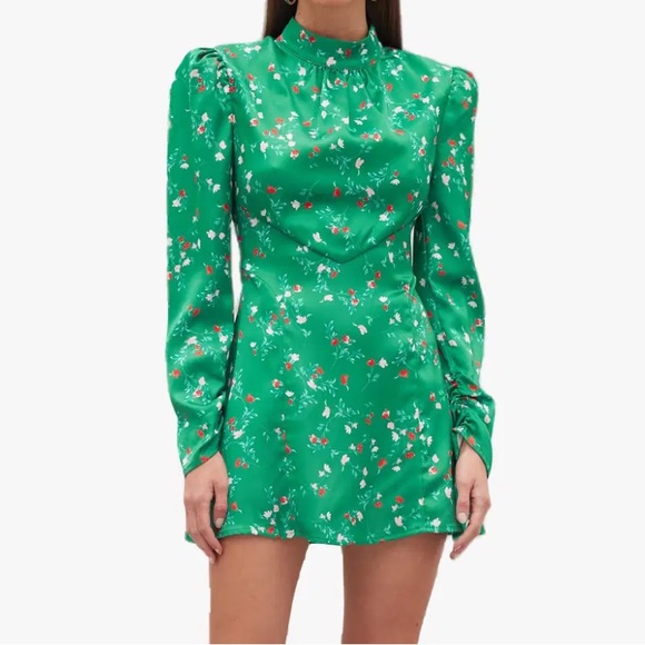 Atoir Dresses & Skirts - Atoir Blossom Mini Dress Green Floral Princess Sleeve Satin Finish